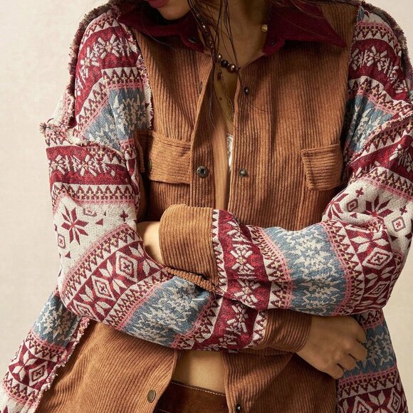 Multicolor Casual Women's Patchwork Corduroy Music Festival Blouse - Picture 8 of 8